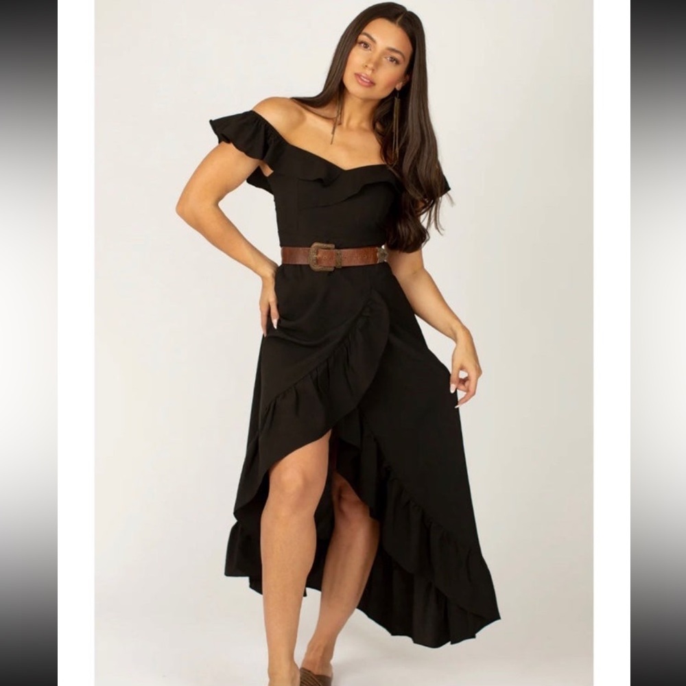 Joyfolie Elegant Black Ruffle High Low Dress
